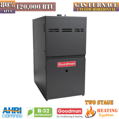 Goodman Gas Furnace 120K BTU 80% AFUE R32 Two Stage Upflow/Horizontal GR9T80