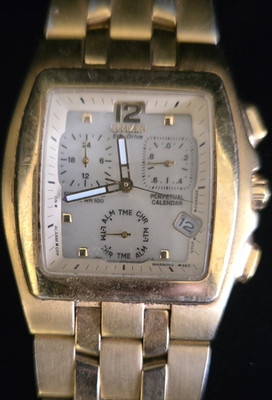 Citizen Eco-Drive Perpetual Calendar WR100 Gold Tonneau Bracelet Silver Dial