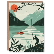 Angling Line Fishing Mountain Lake Landscape Birthday Card