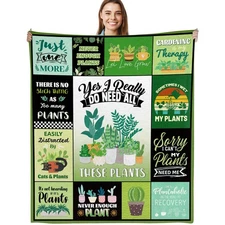Plant Lover Gifts Throw Blanket, Funny Slogans Cute Plants Print Soft Cozy Co...