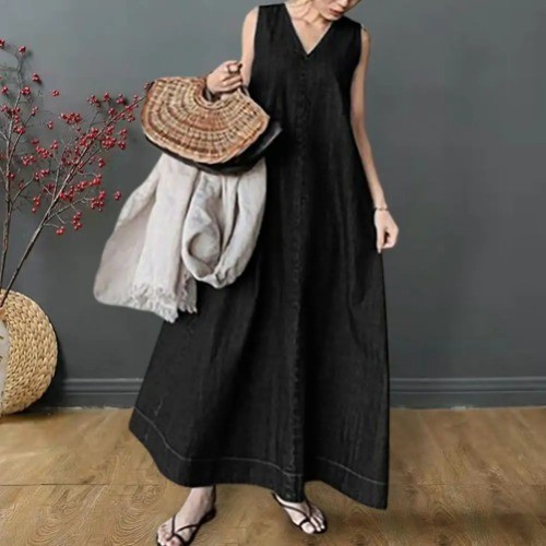 Baumwolle Damen Maxikleid locker ärmellos Trägerkleid weich A-Linie knöchellang L - Bild 13 von 24