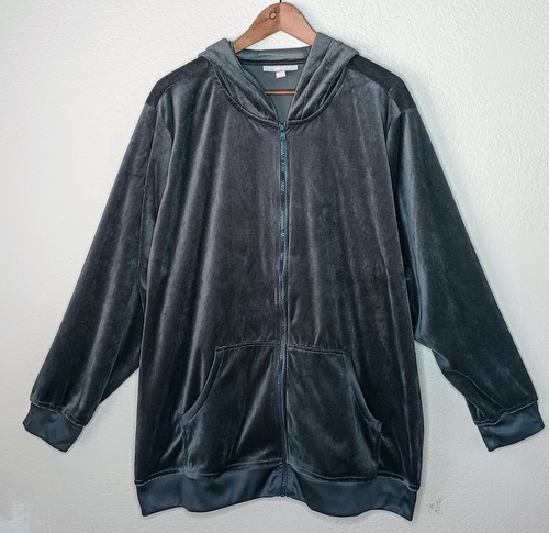 Woman Within Womens Plus Full Zip Velour Hoodie Sz 2X Gray Y2K Loungewear 26/28 - Picture 1 of 5