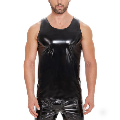 Plus Size Mens Shiny Leather Tank Top Glossy PVC Leather T-Shirts Sleeveless Mal