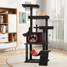 Black Tall Cat Tree Tower with Spacious Condos, Top Perch & Hanging Balls