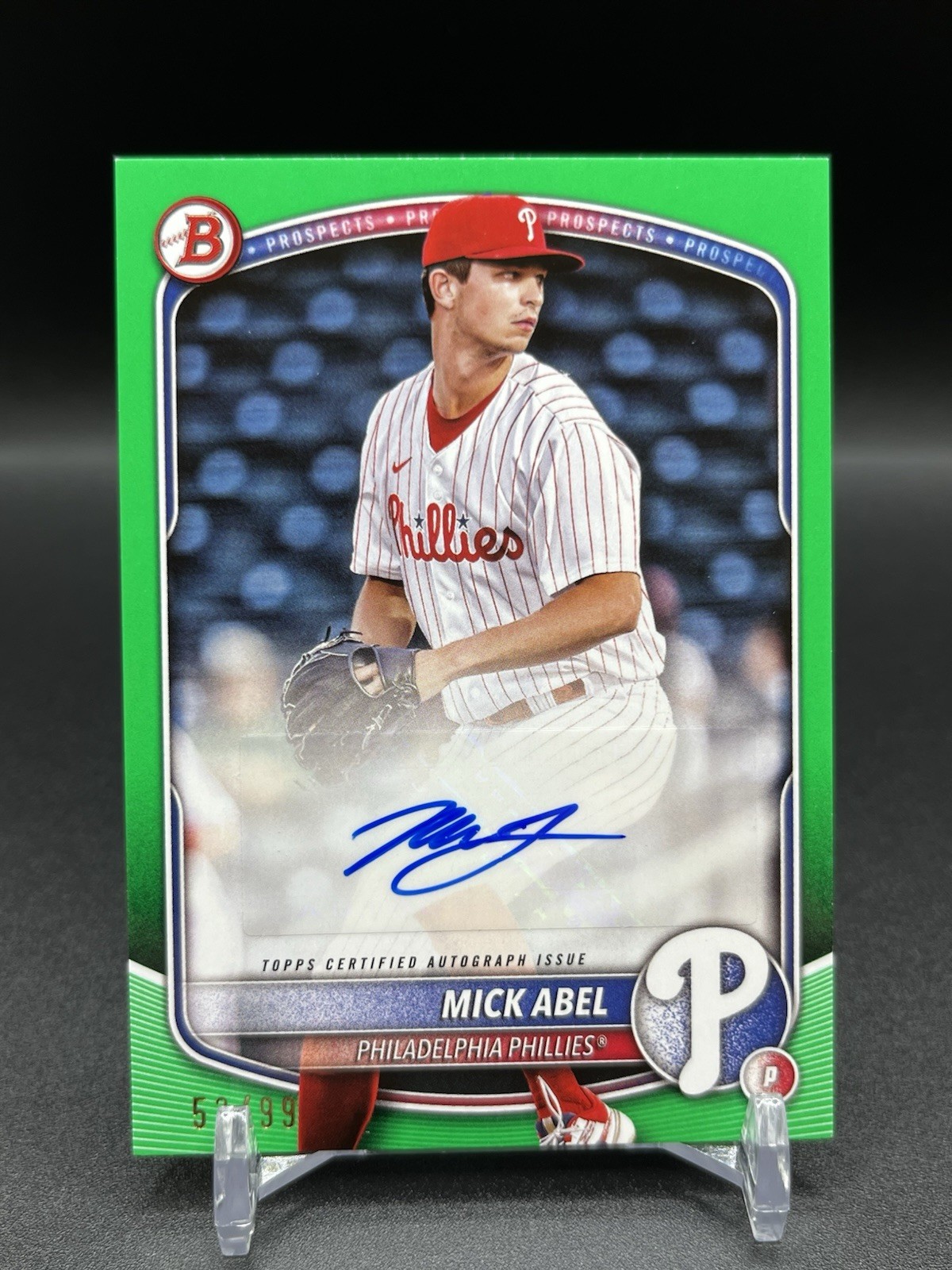 2025 Bowman Baseball Mick Abel Green Paper Border Auto /99 Card #BPA-MA Phillies