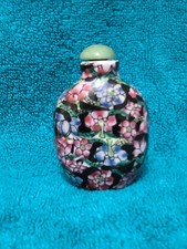 Chinesische Snuff Bottle Schnupftabakfl&auml;schchen Blumenmotiv bauchig, Stopfen