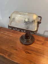 Vintage Heavy Bankers Desk Lamp Bronze Color Frosted Etched Glass Shade
