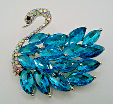Blue Swan Brooch Pin - Rhinestones - Fashion 1.75"     M16 