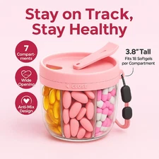 Pill Organizer 7 Day Dispenser Case with Compartments BPA-Free Travel Pink Box