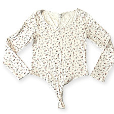 PINK VICTORIA S SECRET Women's White Pink Floral Split Neck Bodysuit Size Medium