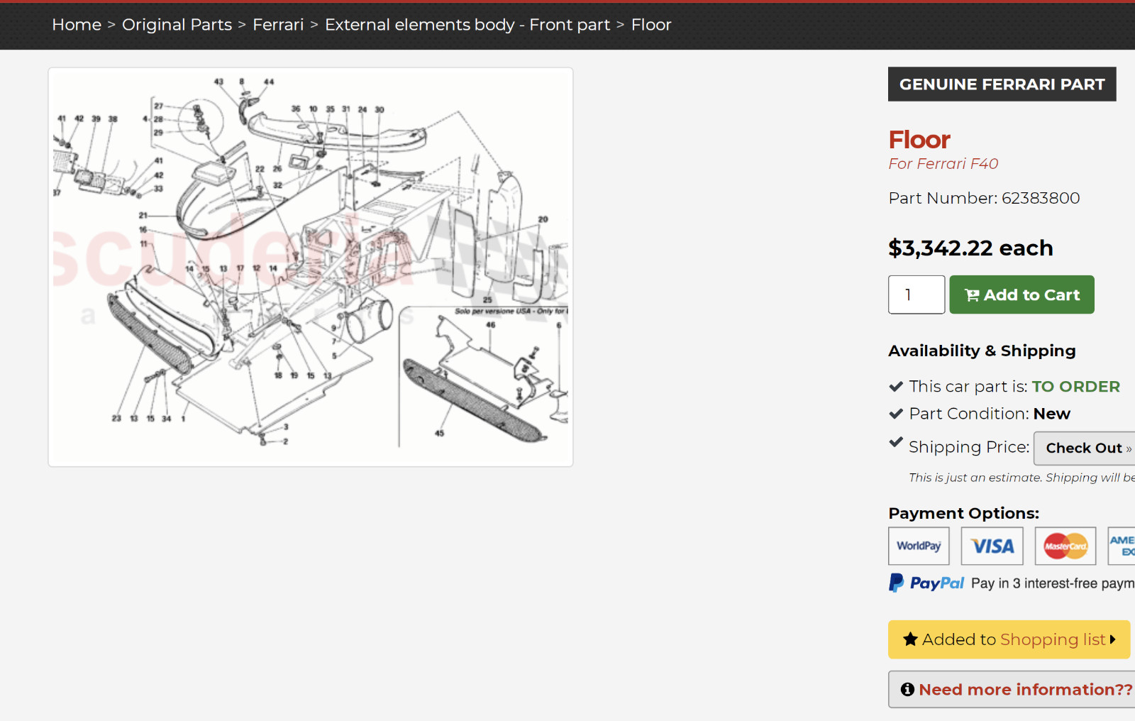 Ferrari F40 Front Floor Under Tray. Part Number: 62383800    70% Discount.