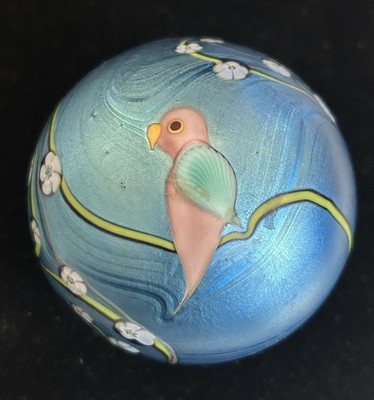 1981 Signed Orient & Flume Iridescent Paperweight - Bird  Vines and Flowers