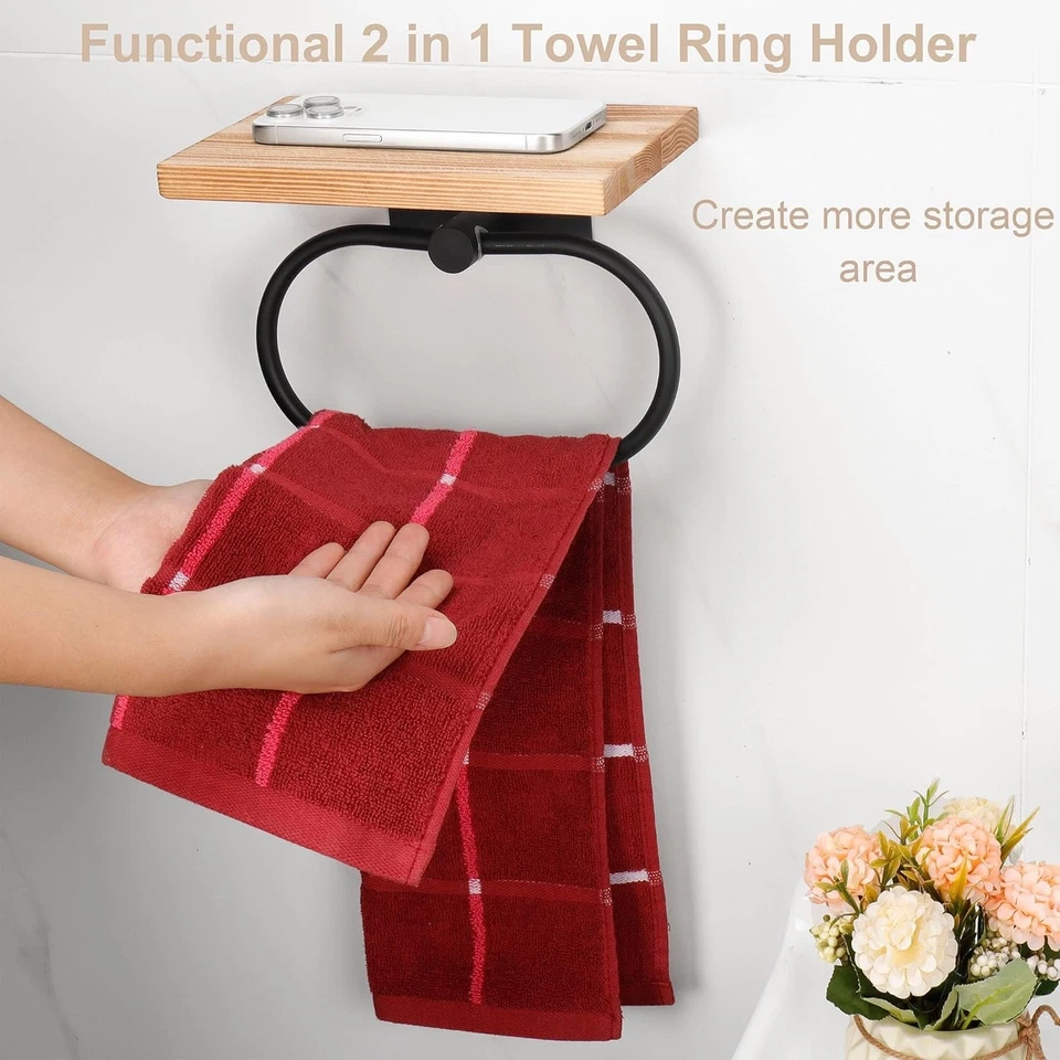 Toallero de mano TocTen con estante de madera, soporte de montaje en pared para baño, negro Foto 4 de 4