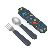 Kids Stainless Steel Utensil Set - Reusable Fork, Spoon  Storage Case - Dino