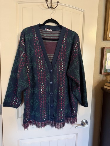VINTAGE AVON STYLE Aztec Style Button Up Fringe Cardigan Sweater