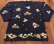 VTG Navy Chunky Knit Sweater Multicolor Flowers Cottagecore Scalloped Trim 90  s