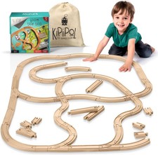 Wooden Train Tracks Set - 52 pcs Bonus Railroad Map  Compatible W All Major Wo