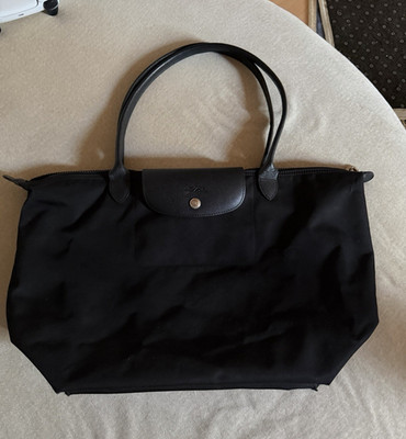 Longchamp Le Pliage Damen Tragetasche schwarz Nylon/Leder groß Druckknopf