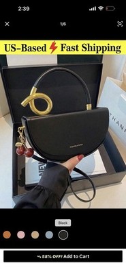 Black Small Half Moon Crossbody Bag Top Handle Detachable Strap Zip Cherry