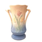 Hull Pottery Double Handle Vase Floral Matte Blue Ivory USA Vintage Tulip