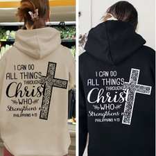 Women's Plus Size Cross Print Hoodie   Christian Bible Verse Pullover Sweatshirt