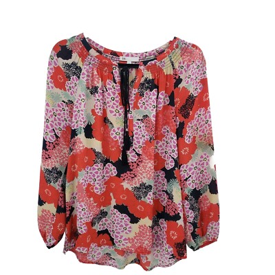 DR2 Floral Print Peasant Blouse Womens Size Small Poppy Pansies Tassel Tie Neck