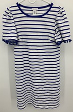 Heyton Size 8 Blue and White Stripped Pom Pom Mini Dress Stretch Knit