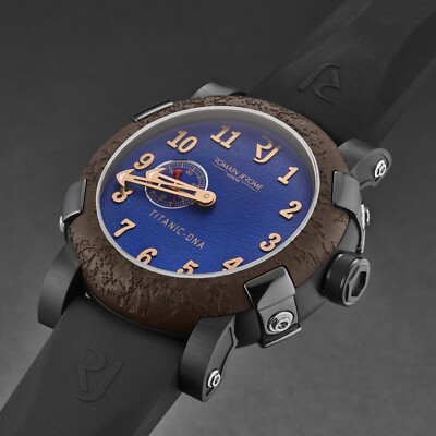Romain Jerome Mens 'Titanic' Blue Dial Black Rubber Strap Watch