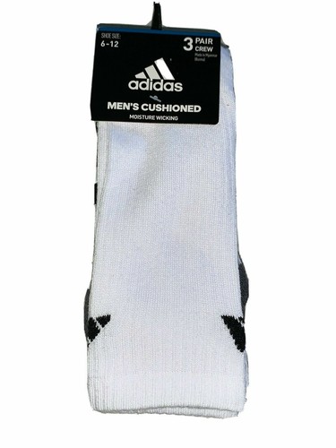 Adidas Herren gepolsterte 3 Paar Crew Socken weiß mit schwarz & grau neu mit Etikett