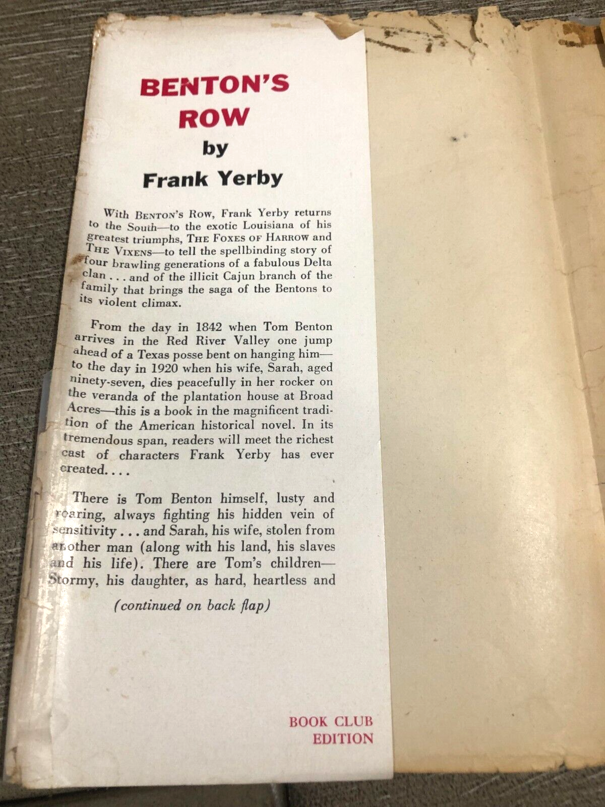 FILA Benton's Row by Frank Yerby BCE Hard Cover Original Dust Jacket Vtg 1954