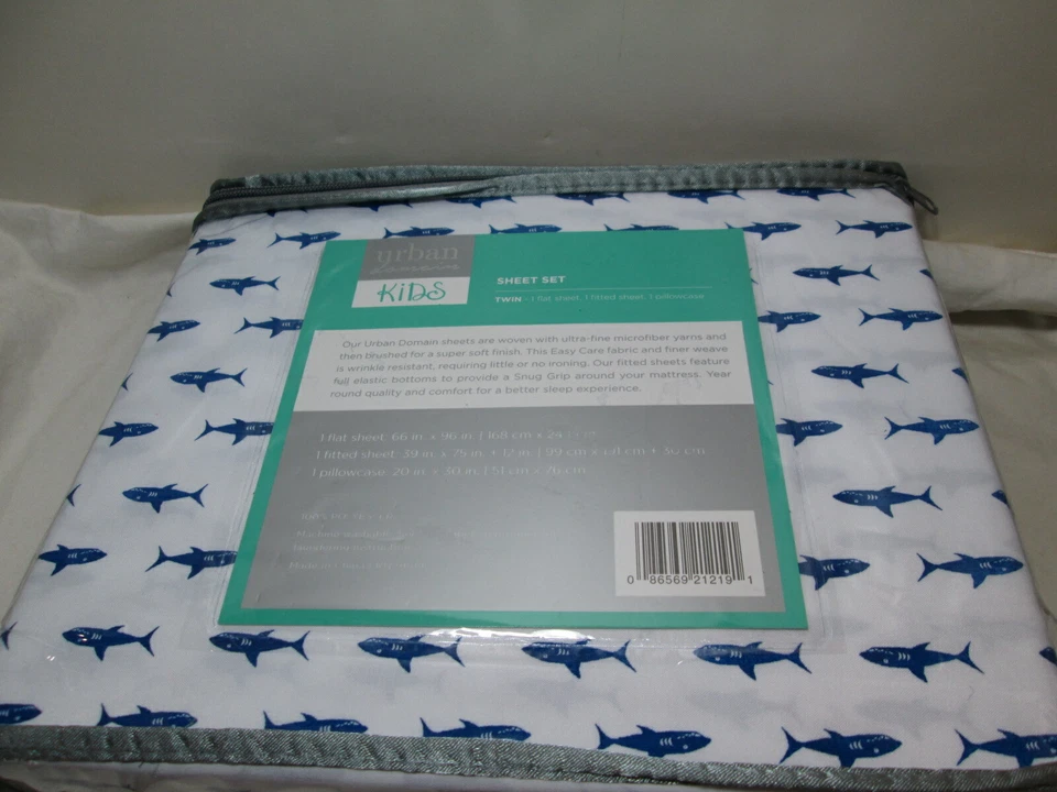  NUEVO Juego de sábanas dobles Urban Domains Kids DAVY SHARK ~ Azul marino Nuevo en paquete Foto 3 de 4