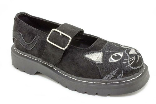 T.U.K. T2261 TUK Anarchic Kitty Mary Jane Black Vegan Leather Faux Suede - Afbeelding 1 van 6