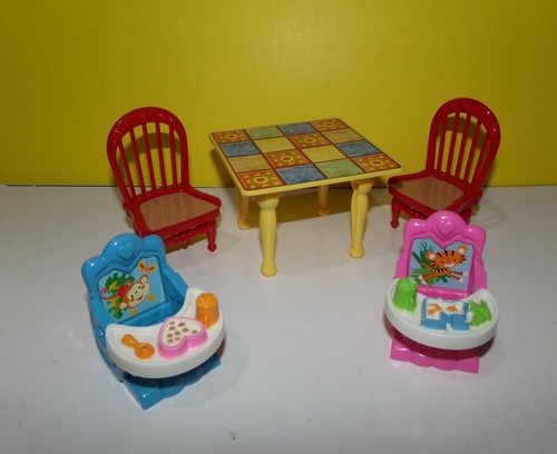 Fisher Price Loving Family Kitchen Table, Red Chairs, Boosters & Baby Food Trays
