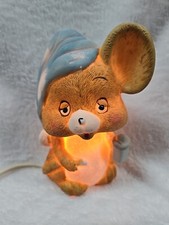 Vintage 1980  s Josef Sleepy Baby Mouse Blue Hat Ceramic Night Light Lamp 6  