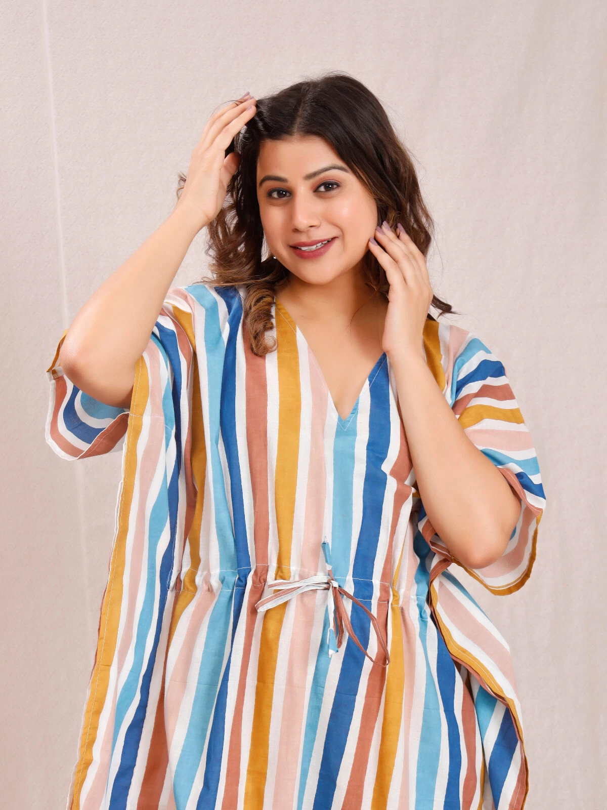 Striped block print in various colors free size kaftan long kaftan soft cotton