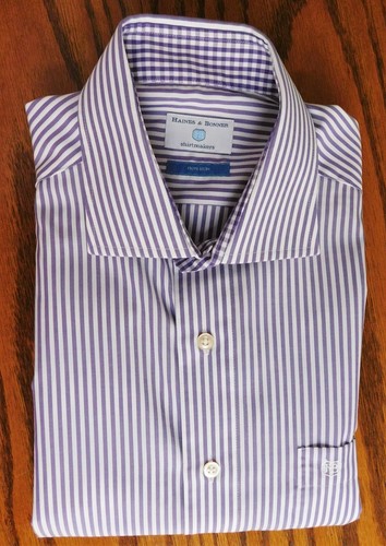 Mens striped shirt by Haines and Bonner size 16 cotton Purple with Pocket PD - Picture 4 of 4
