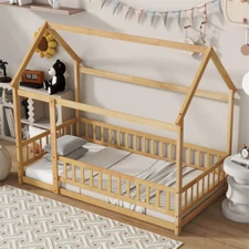 Twin Size House Floor Wooden Bed with/Roof Frame,Safety Guardrails, for Kids