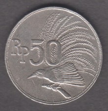 INDONESIA 1971.  50 Rupiah. Greater Bird of Paradise (Paradisaea apoda) KM# 35
