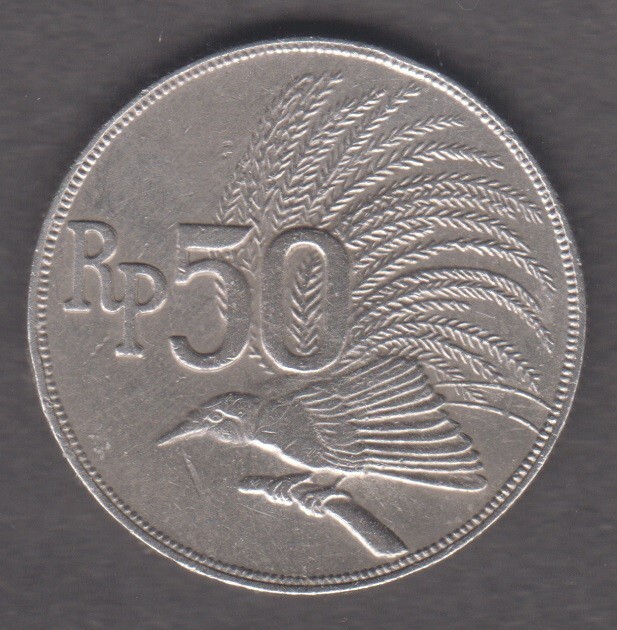 INDONESIA 1971.  50 Rupiah. Greater Bird of Paradise (Paradisaea apoda) KM# 35