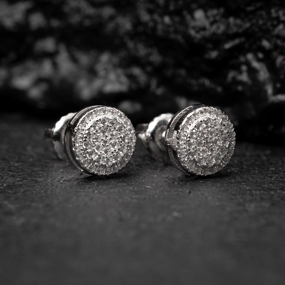 Pendientes redondos de hip hop de oro blanco 925 de plata de ley con racimo circular Foto 3 de 4