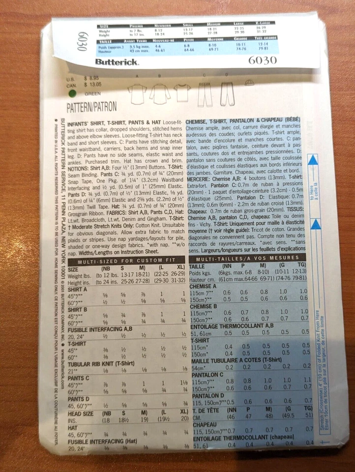 Butterick Baby 6030 Sz L-XL Infant Loose Fit Shirt T-Shirt Pants and Hat Uncut - Image 2 of 3