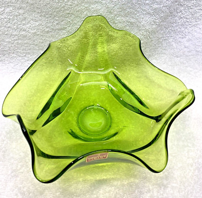 VTG Viking Art Glass Avocado Green Handkerchief Bowl / Dish Original Tag ~ MCM