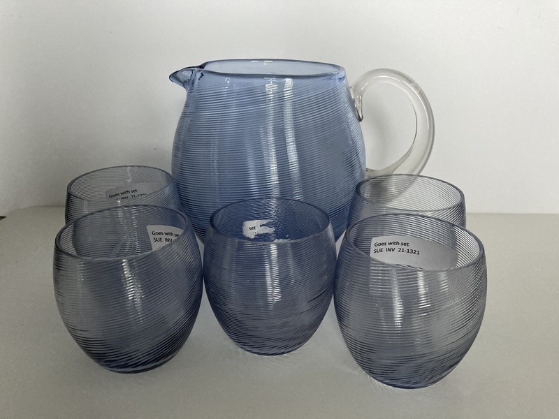 Art Deco Czech Spun Threaded Lilac/Blue Glass Pitcher with Tumblers