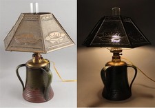 Antique NEWCOMB COLLEGE Pottery Loving Cup Table Lamp & Pierced Brass Shade