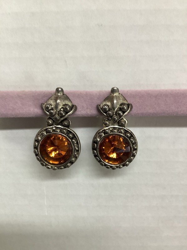 Earrings Vtg BohoAmber Faceted Stone In Antique Silver Setting With Textured Dot