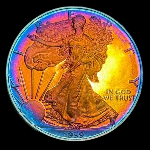 American Silver Eagle Proof 1999 .999 Silver Monster Rainbow Toning Uncirculated