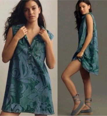 Anthropologie Boho Pilcro Denim Shift Dress Green Floral Collared  Sleeveless M | eBay