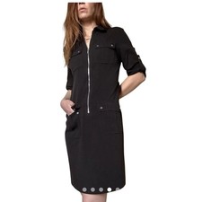 Michael Kors Black Utility Shirt Dress Zip Front Pockets 3/4 Sleeve Size 8