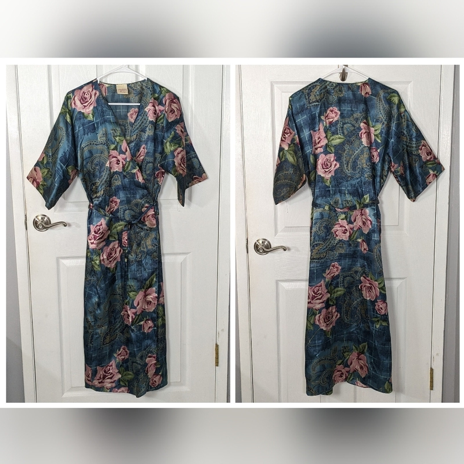 Vintage Katherine Bishop Long Blue Floral Satin D… - image 1