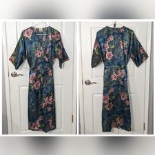 Vintage Katherine Bishop Long Blue Floral Satin Dressing Gown Robe Size Small